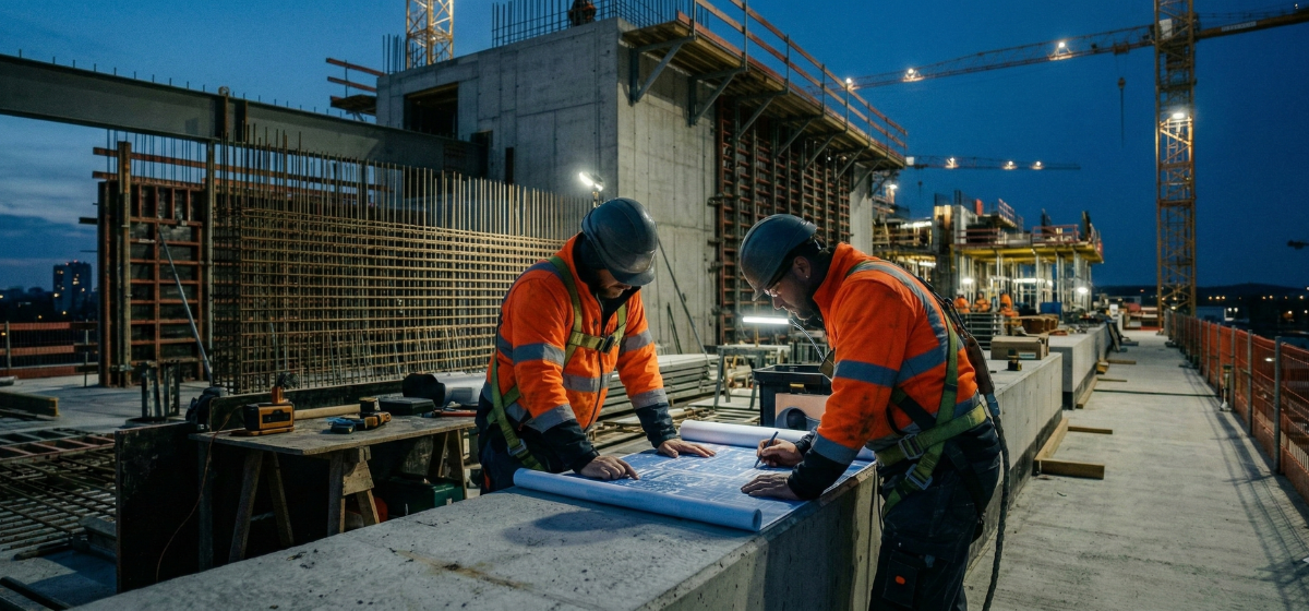 Doświadczona kadra inżynierska - specjaliści LEONES analizujący dokumentację i plany budowlane na gotowej konstrukcji żelbetowej.