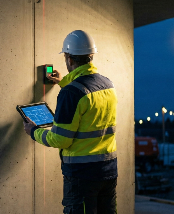 Inżynierska precyzja i rygor techniczny - kierownik budowy weryfikujący idealną geometrię ściany za pomocą sprzętu pomiarowego i tabletu.