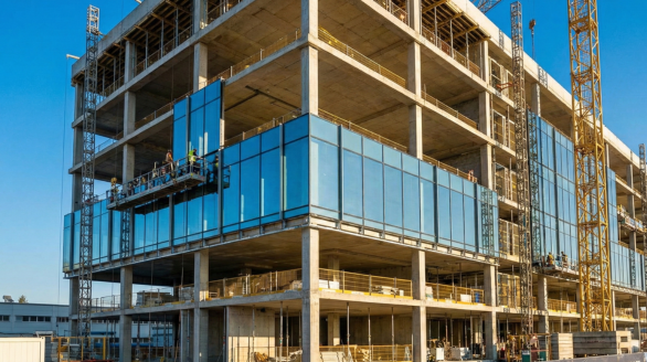 Budowa reprezentacyjnych budynków usługowych i biurowców - widok na szklaną fasadę i mocną konstrukcję żelbetową.