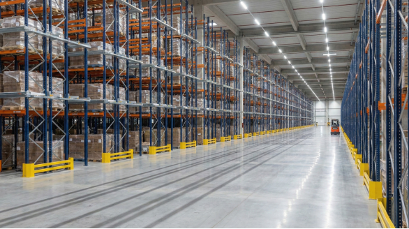 Budowa hal magazynowych i produkcyjnych - wnętrze nowoczesnego, wielkopowierzchniowego obiektu logistycznego.