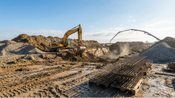 Kompleksowe prace ziemne i przygotowanie podłoża - ciężki sprzęt oraz gotowe zbrojenia pod ławy i płyty fundamentowe.
