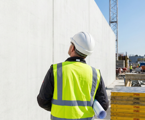 Inżynierska precyzja i nadzór LEONES - inżynier w żółtej kamizelce analizujący projekt na tle ściany z betonu architektonicznego.