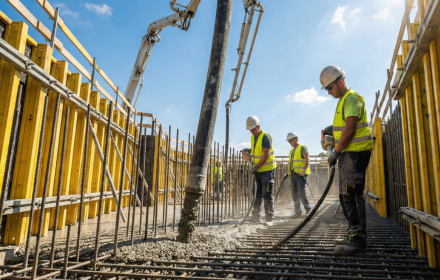 Wylewanie betonu za pomocą pompy - zgrana brygada budowlana LEONES podczas betonowania wytrzymałej konstrukcji żelbetowej.