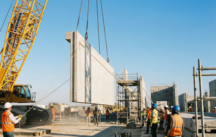 Montaż ciężkich elementów ściennych przy użyciu żurawia - budowa obiektów przemysłowych i hal magazynowych.