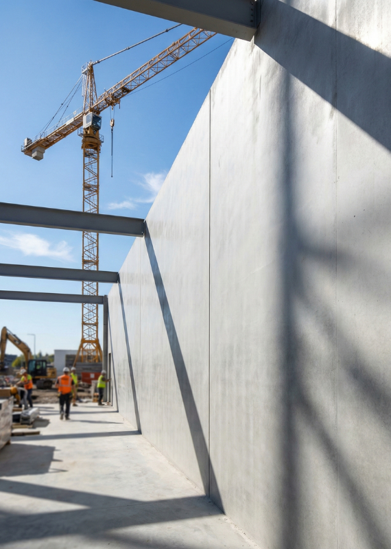 Wysoka jakość betonu architektonicznego i konstrukcje stalowe na budowie wielkopowierzchniowego obiektu komercyjnego.