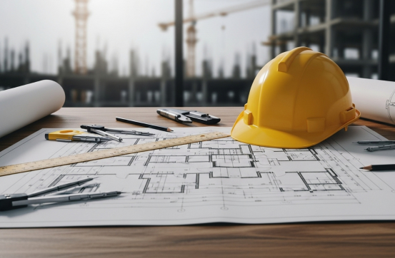 Inżynierska precyzja i rygor dokumentacyjny - żółty kask budowlany na projektach architektonicznych przed rozpoczęciem prac roboczych.